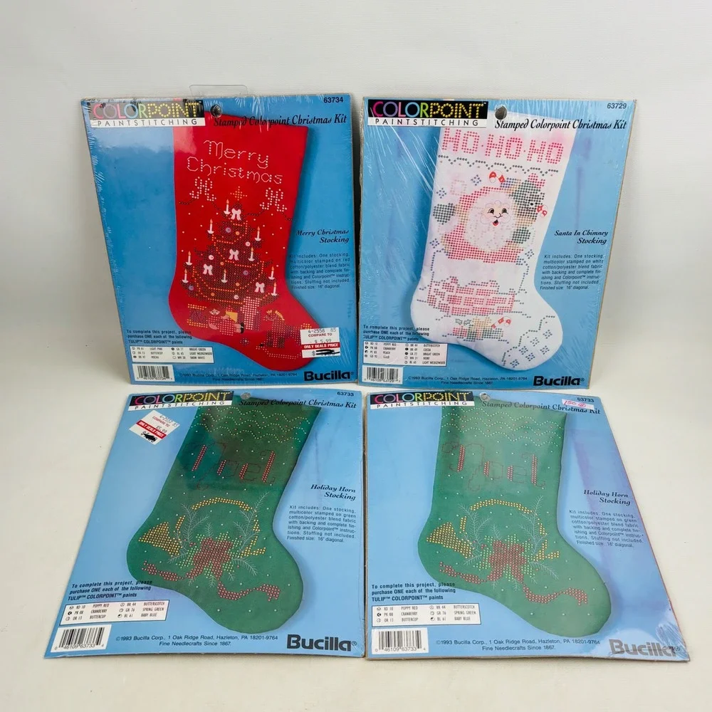 Bucilla Colorpoint Paintstitching Lot of 4 Stamped Christmas Stocking Kits 1993